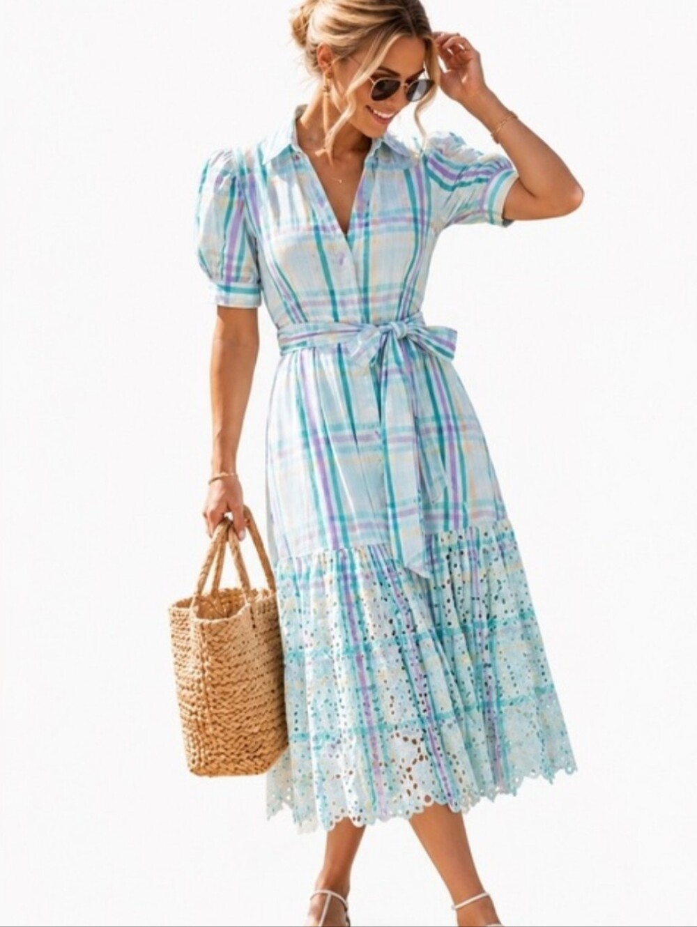 Tanya Taylor Light Pastel Blue Plaid Button-Front Midi Dress Tie Waist Sz 12